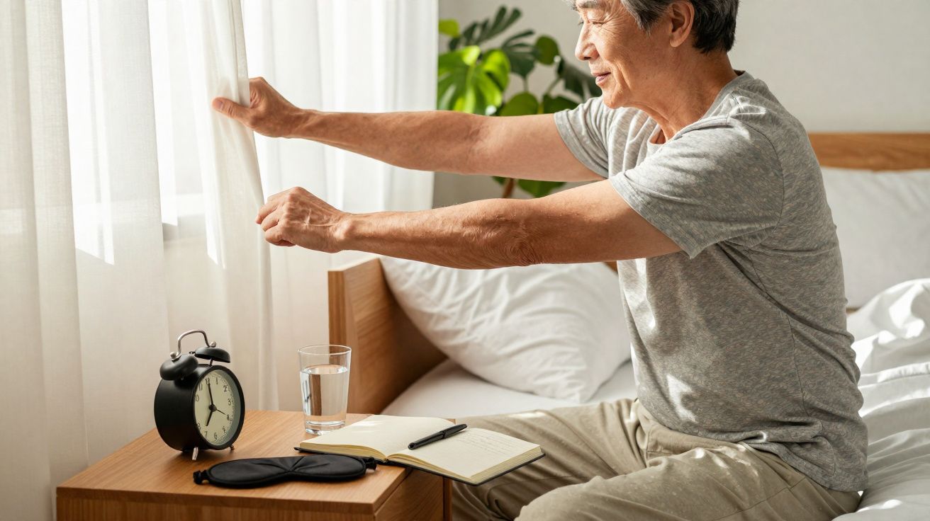 Homem idoso sentado na cama abrindo a cortina, com relógio despertador, copo de água e livro na mesa ao lado.