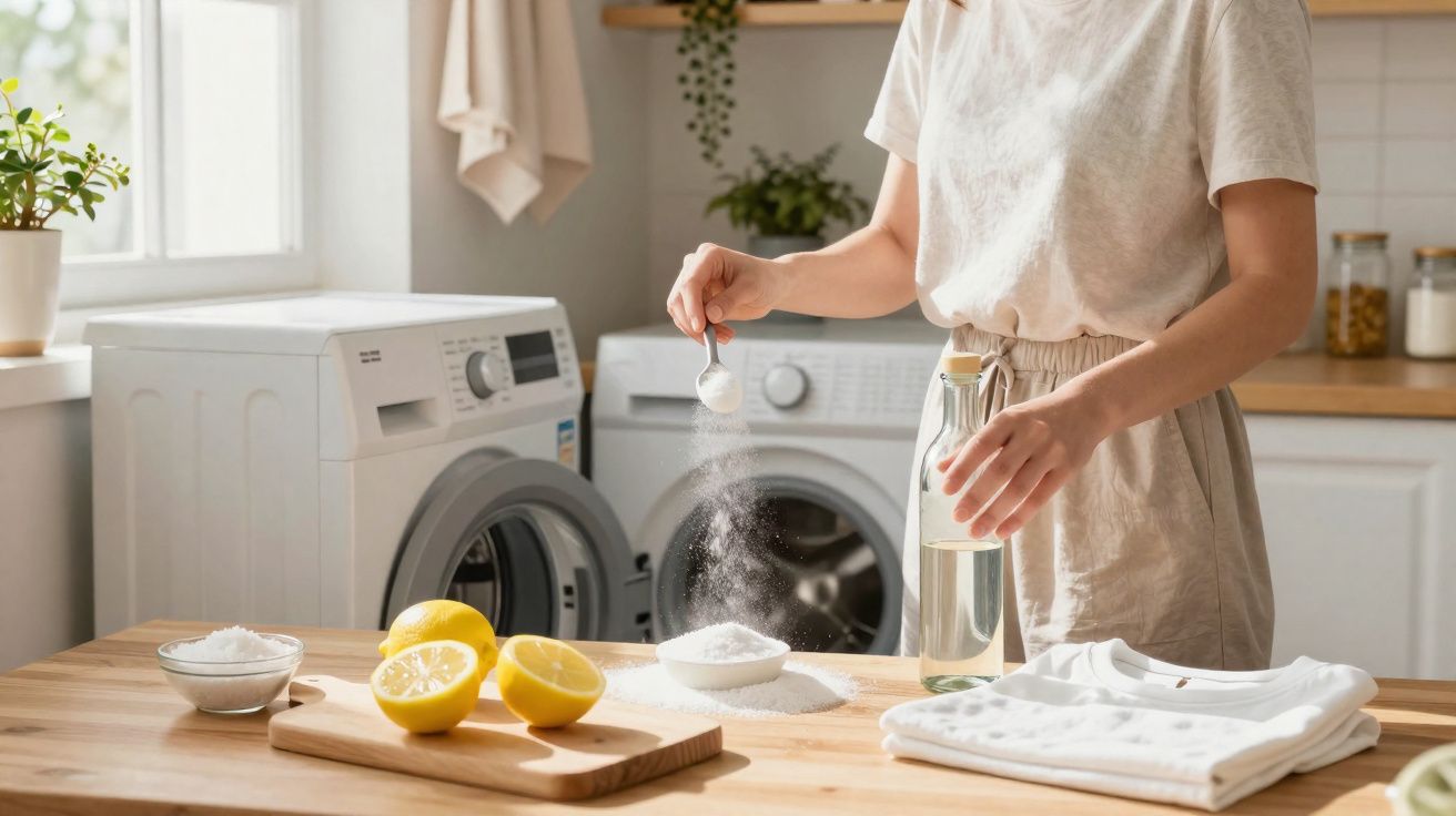 Pessoa adicionando bicarbonato de sódio para lavar roupas brancas na lavanderia com máquina e limões ao lado.