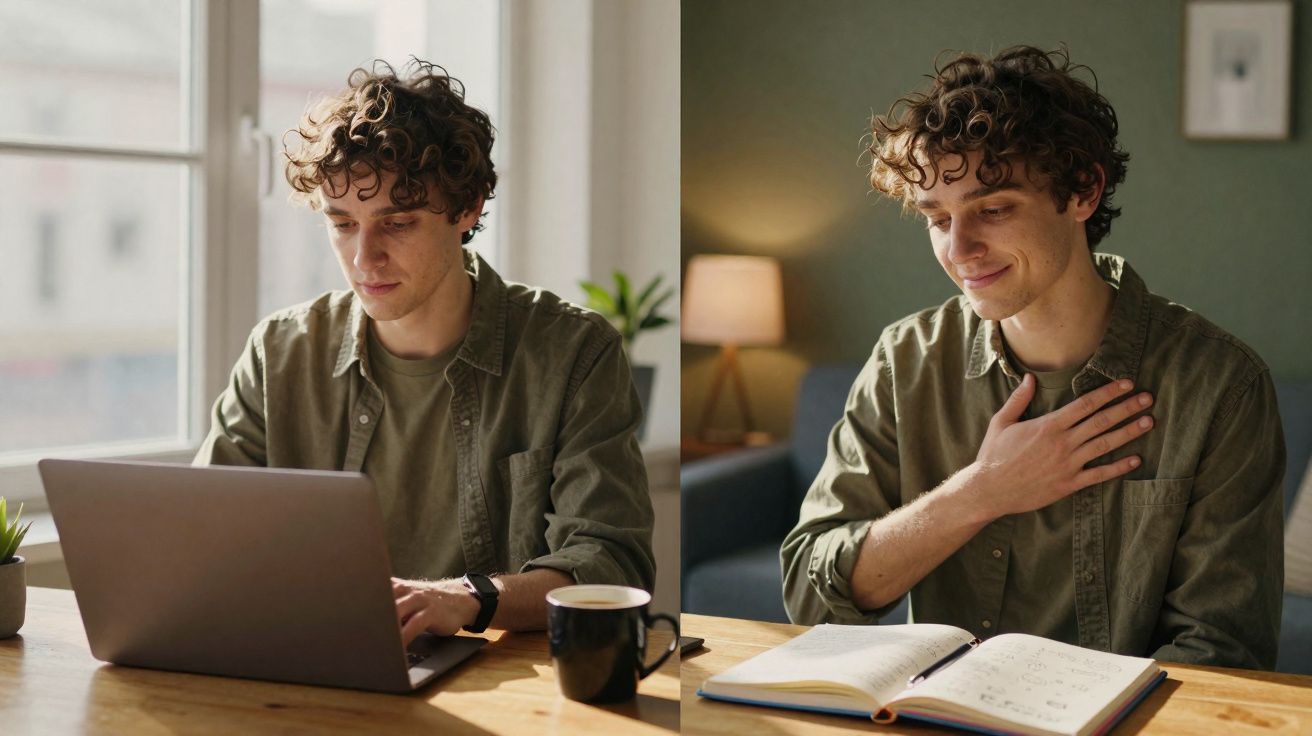 Homem jovem sentado à mesa, trabalhando no laptop e depois lendo e tocando o peito com expressão sorridente.