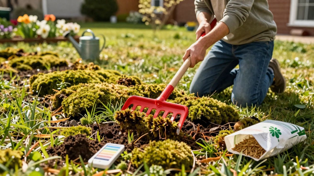 Pessoa usando rastelo vermelho para remover musgos em jardim com saco de fertilizante aberto ao lado.