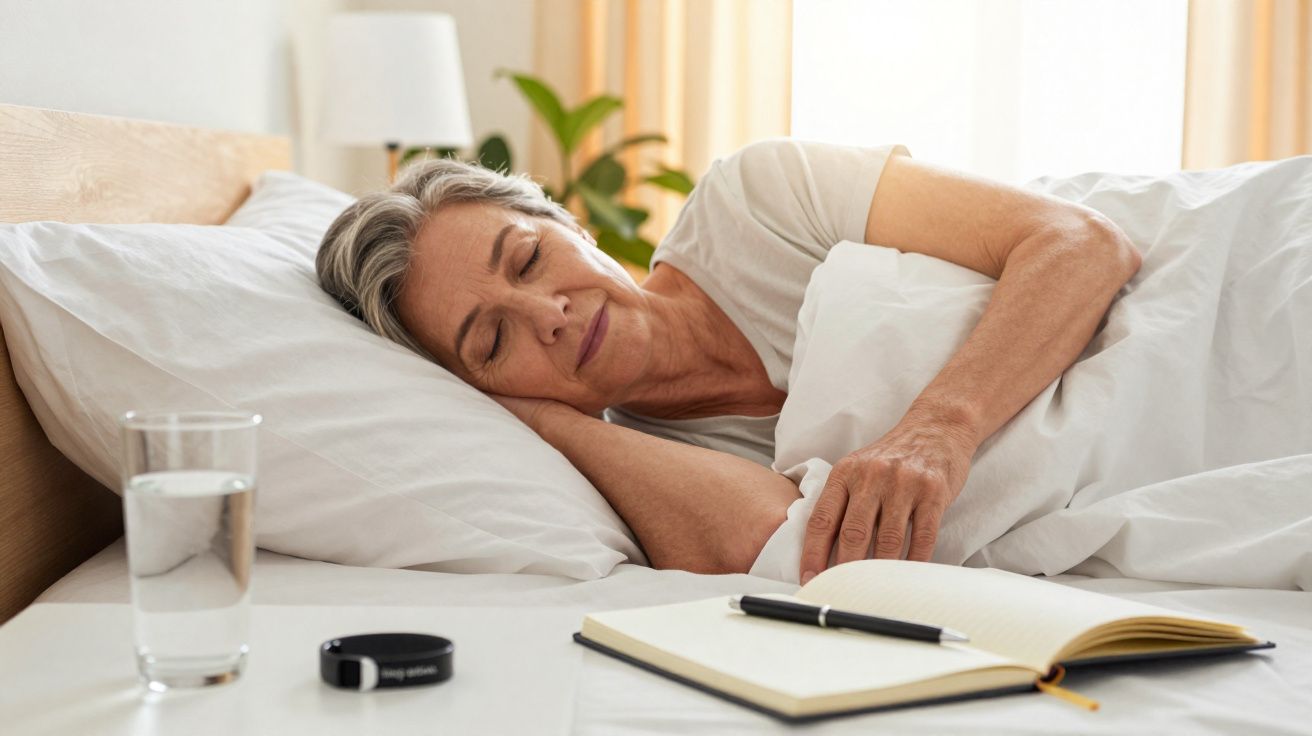Mulher idosa dormindo deitada de lado na cama com copo d'água, pulseira e caderno na mesa ao lado.
