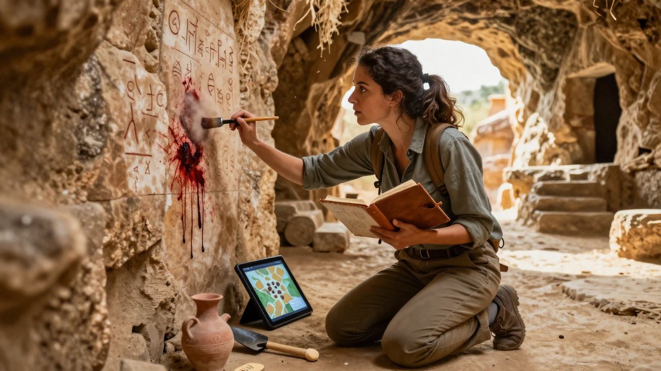 Mulher arqueóloga estudando inscrições antigas em uma caverna enquanto segura um livro e usa tablet.