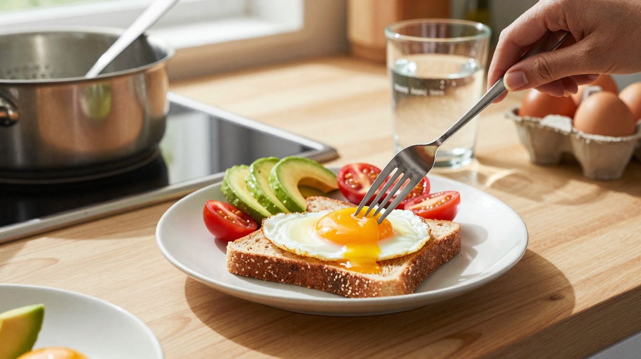 Prato com torrada, ovo frito, fatias de abacate, tomate-cereja e copo de água sobre bancada de cozinha.