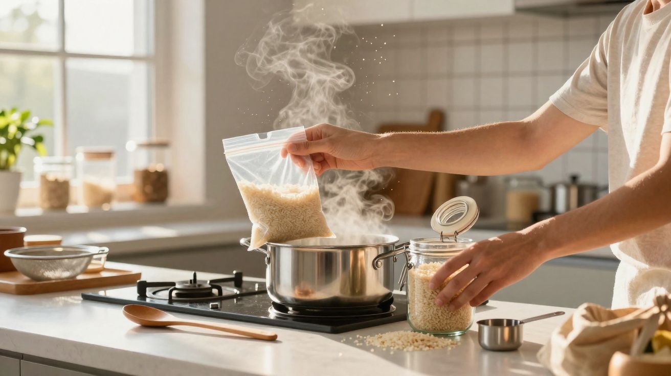 Pessoa adicionando arroz em panela com vapor em fogão na cozinha ensolarada.