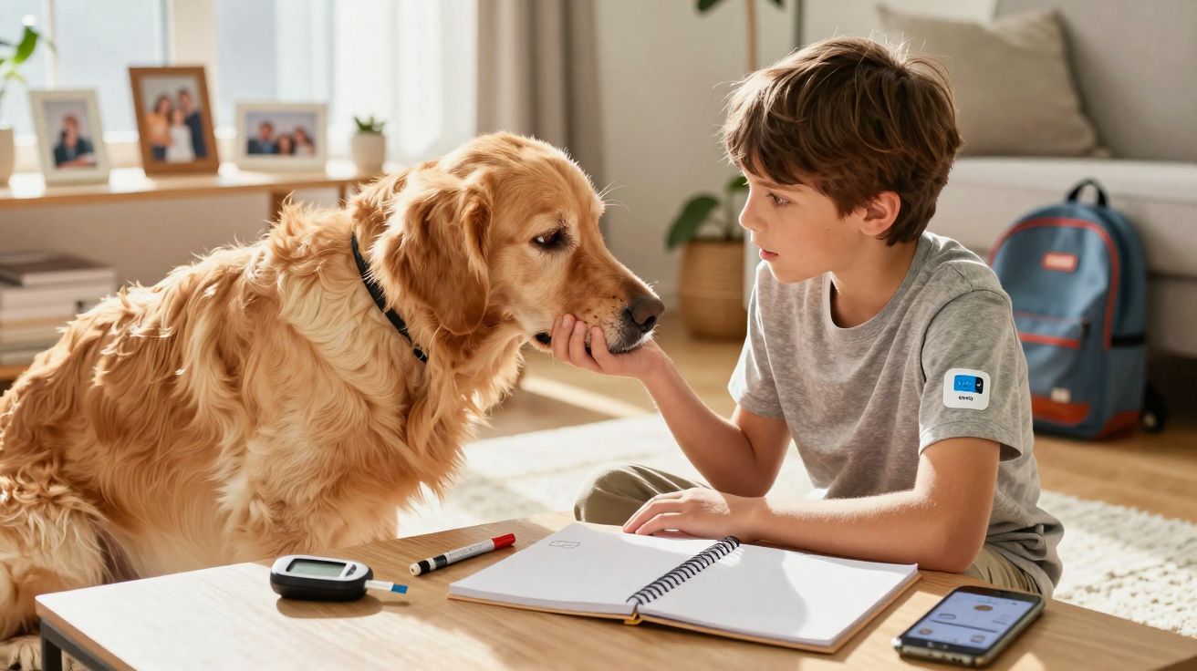 Menino sentado com caderno e canetas acaricia a cabeça de cachorro golden retriever em sala iluminada.