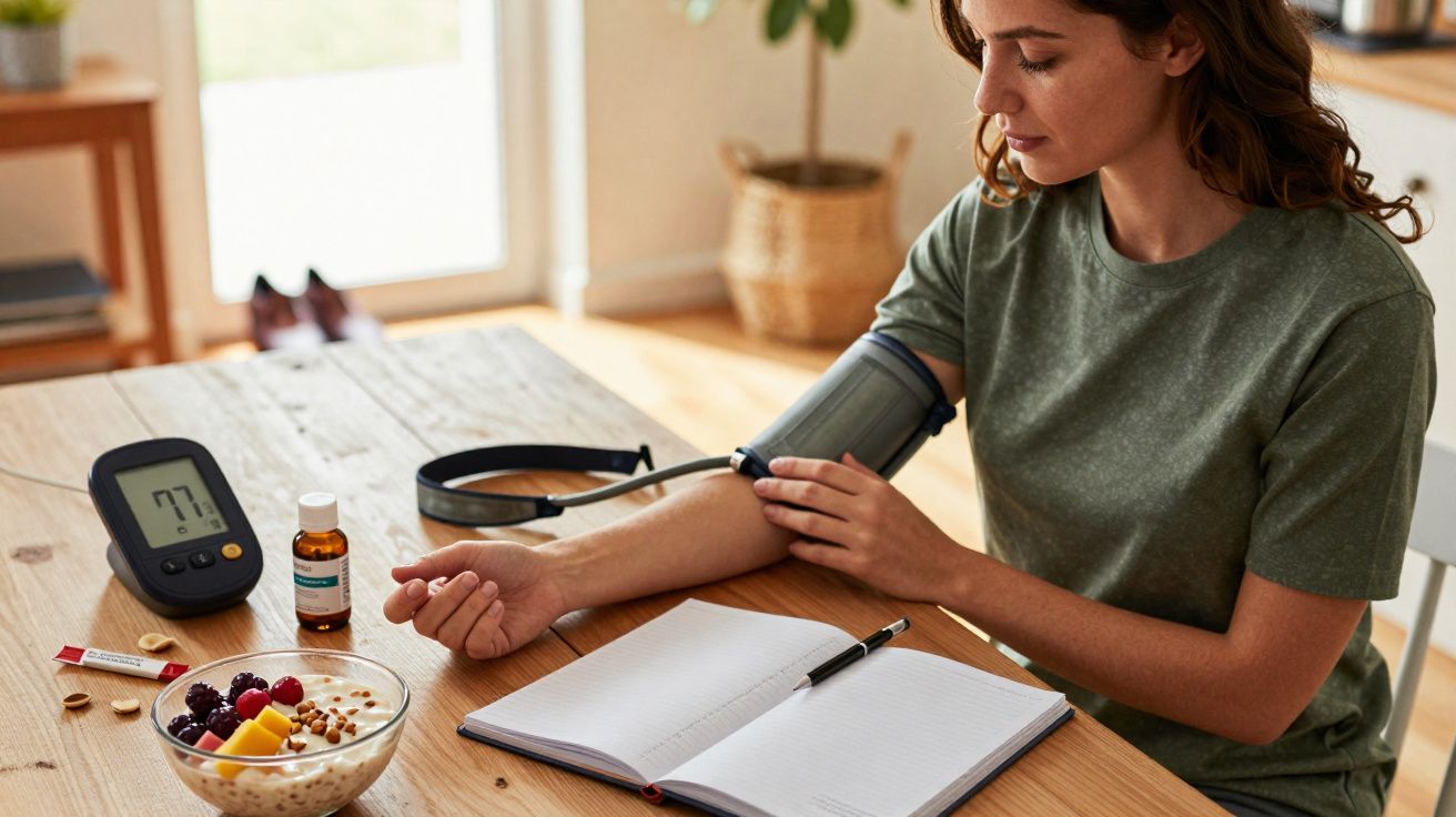 Mulher medindo pressão arterial em casa com aparelho digital e tomando remédio, na mesa com caderno e café da manhã.