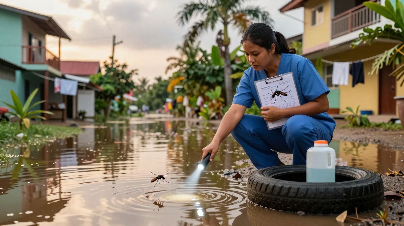 Mulher de uniforme azul examina foco de mosquito em rua alagada com prancheta e lanterna na mão.