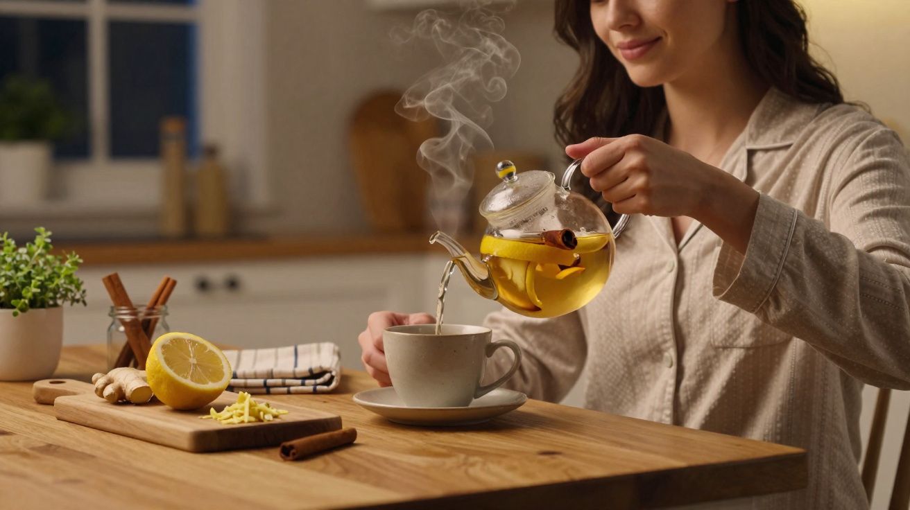 Mulher servindo chá quente com limão e canela em xícara na cozinha acolhedora.