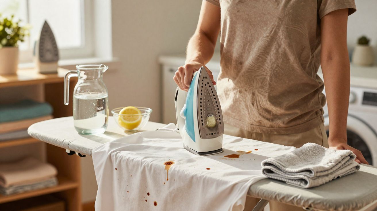 Pessoa passando ferro em camiseta branca suja com manchas marrons em tábua de passar roupas.