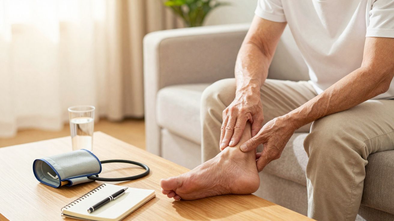 Pessoa sentada no sofá segurando o tornozelo, ao lado de mesa com aparelho de pressão, copo d'água e caderno.