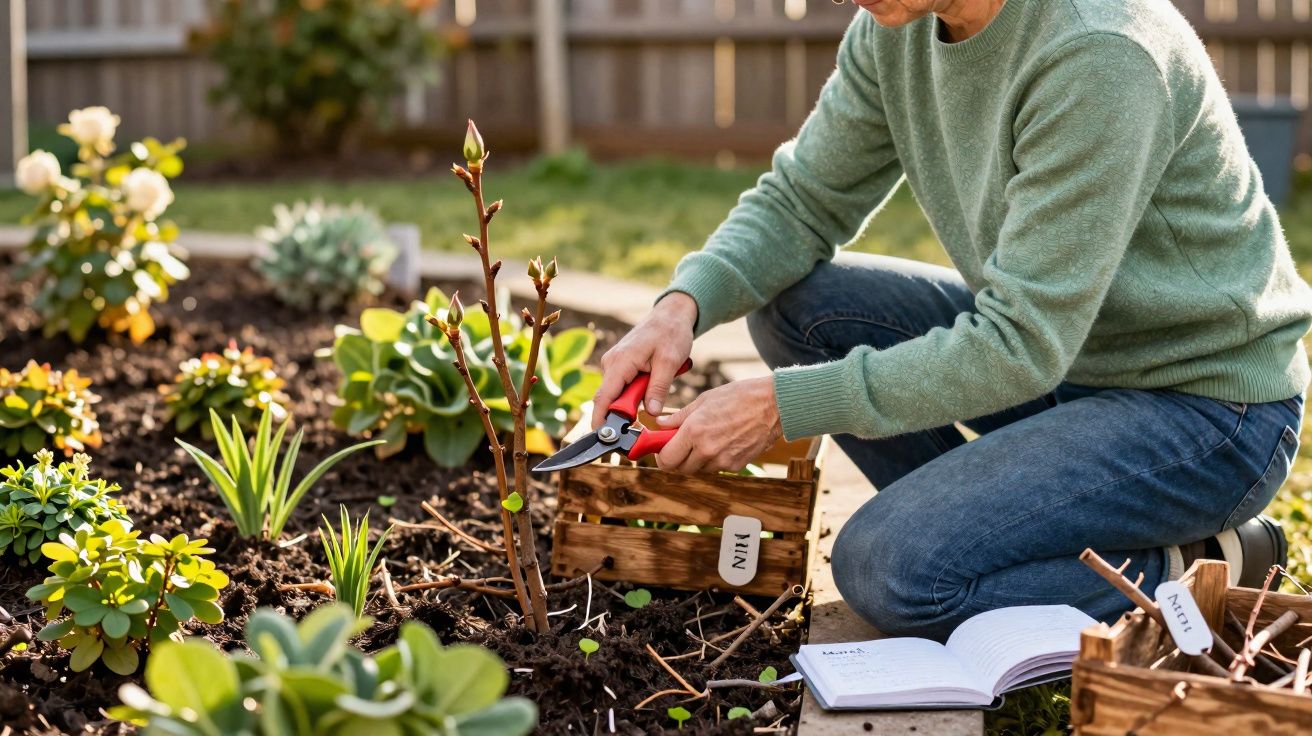 Pessoa com suéter verde podando plantas em jardim com tesoura de poda e caderno aberto ao lado.