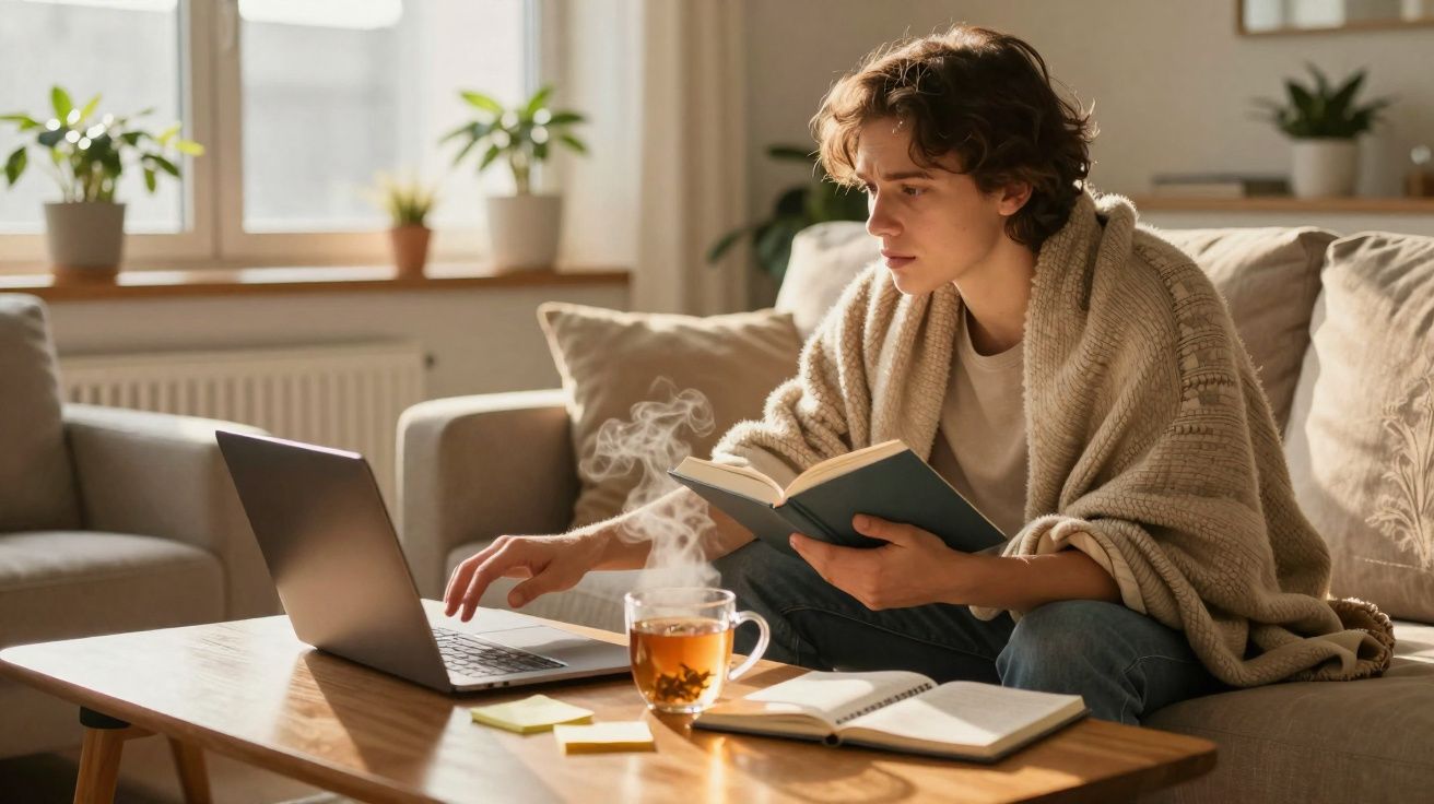 Jovem concentrado lendo livro e usando laptop em sala de estar aconchegante com chá quente na mesa.