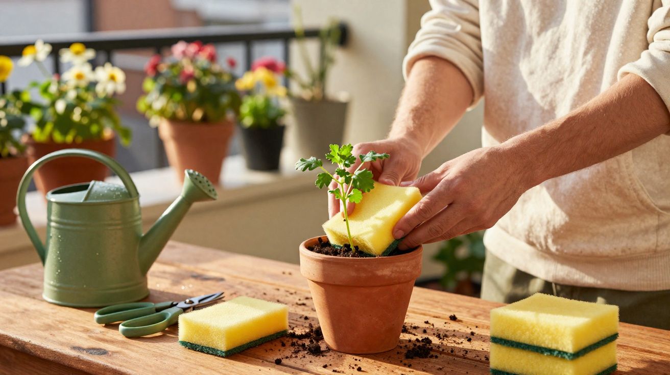 Pessoa cuidando de planta em vaso, limpando solo com esponja sobre mesa de madeira.