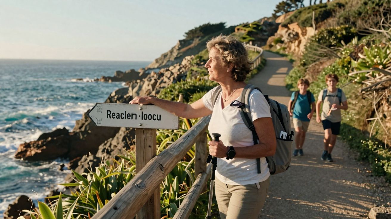 Mulher com mochila e bastão observa placa em trilha costeira, com duas crianças ao fundo caminhando.