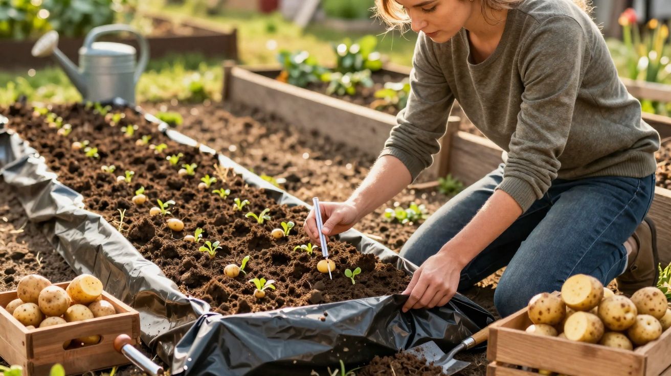Mulher plantando batatas em canteiro de terra em jardim com regador ao fundo e caixas com batatas.