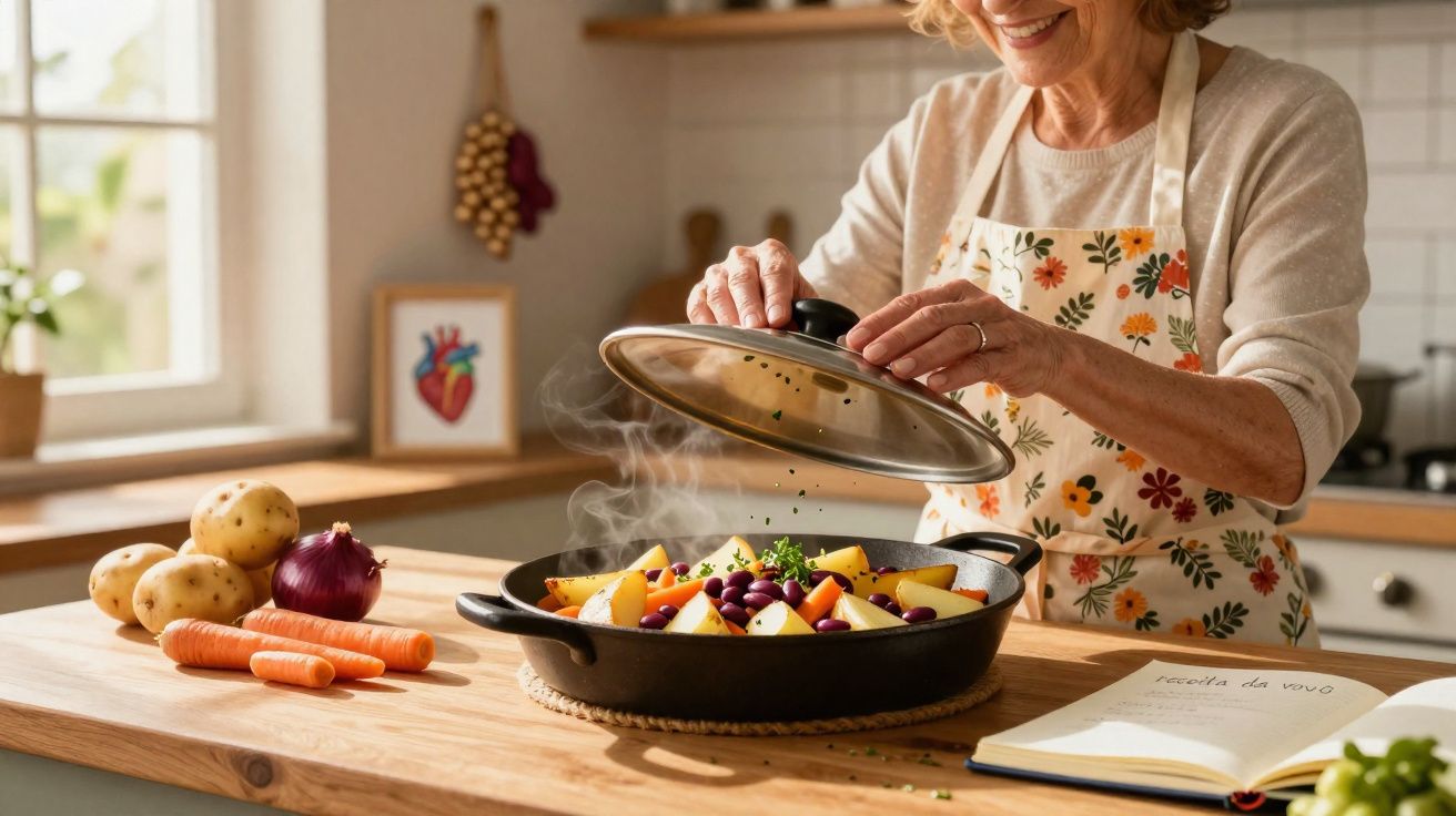 Pessoa sorrindo cozinha legumes em panela com tampa em cozinha iluminada e organizada.