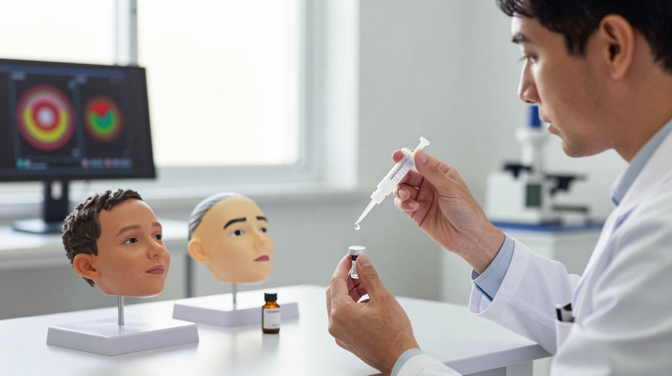 Homem em laboratório usando pipeta para extrair líquido de frasco com cabeças humanas artificiais ao fundo.