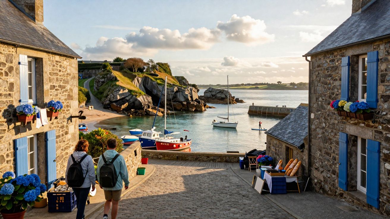 Rua de pedra entre casas com janelas azuis, flores e barcos no mar sob céu nublado ao entardecer.