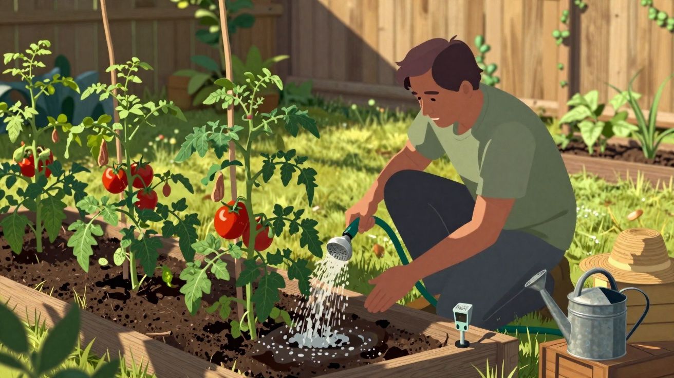 Homem regando plantas de tomate em canteiro de jardim com regador e mangueira em área ensolarada.