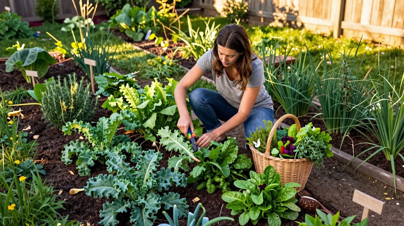 Mulher colhendo verduras em uma horta caseira com cesta cheia de legumes ao lado.