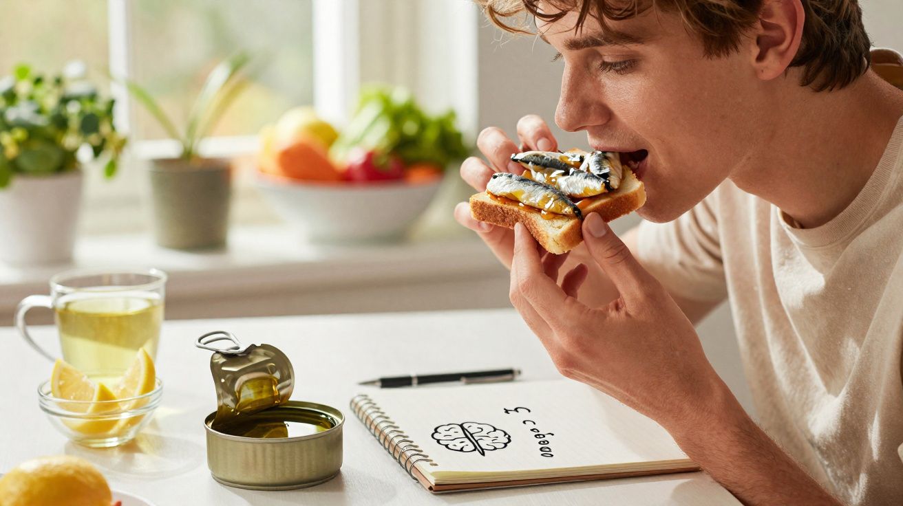 Homem comendo torrada com sardinhas na cozinha, ao lado de caderno, chá e limão.