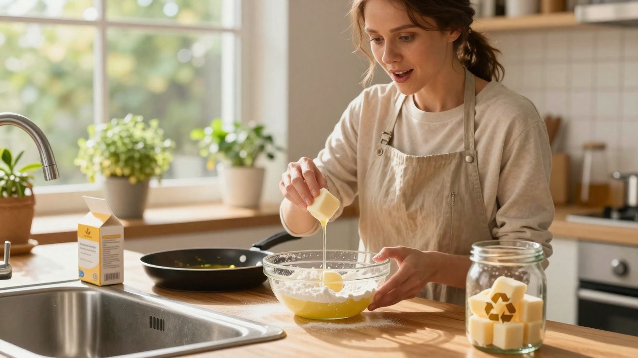 Mulher em avental misturando ingredientes em bowl transparente na cozinha iluminada natural.