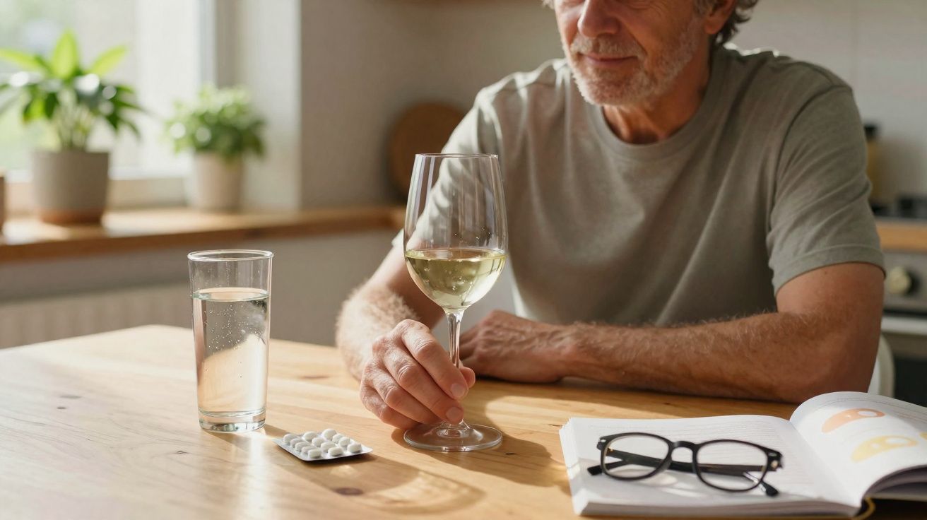 Homem sentado à mesa segurando taça de vinho branco, com copo de água, remédios e livro aberto.
