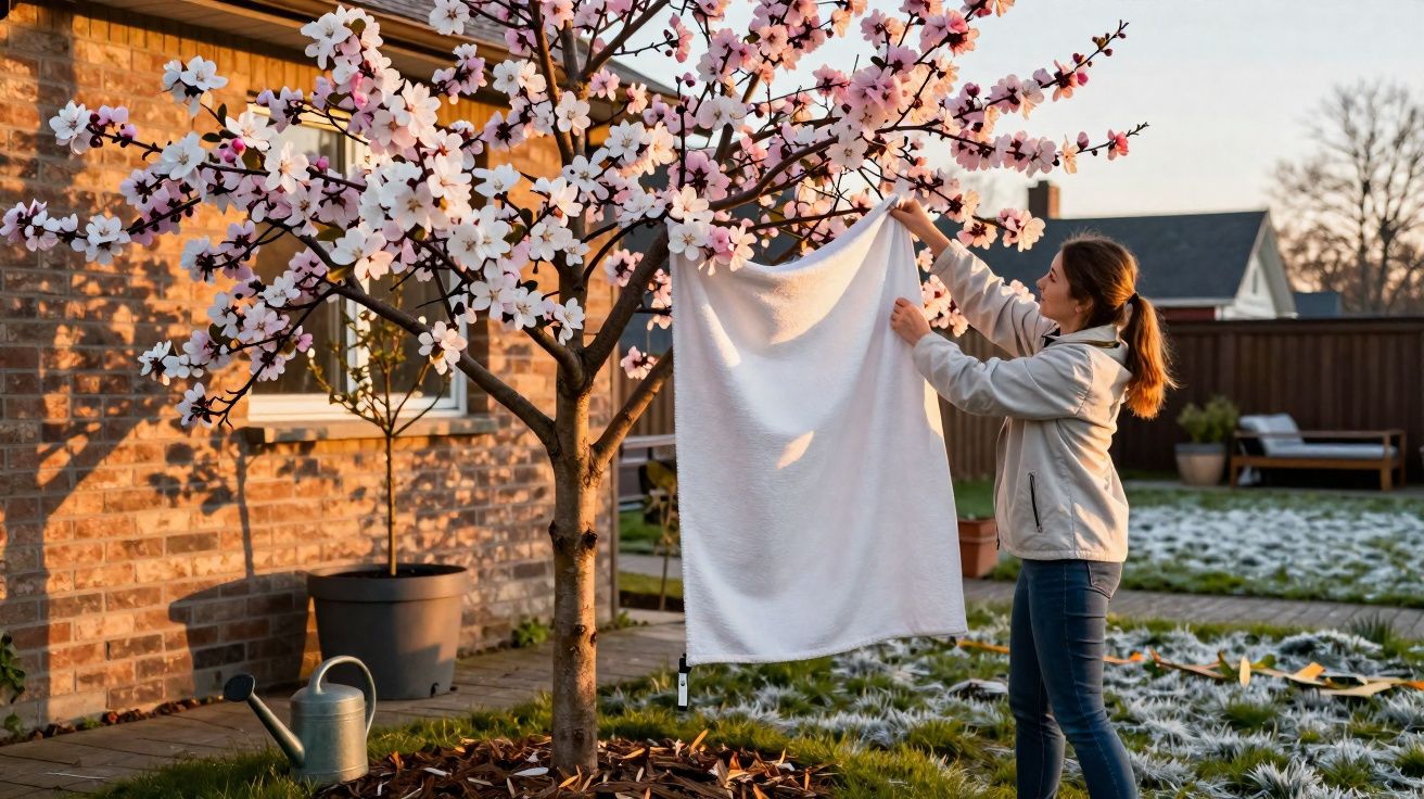 Mulher estende pano branco em árvore florida em jardim com gramado e casa ao fundo ao entardecer.