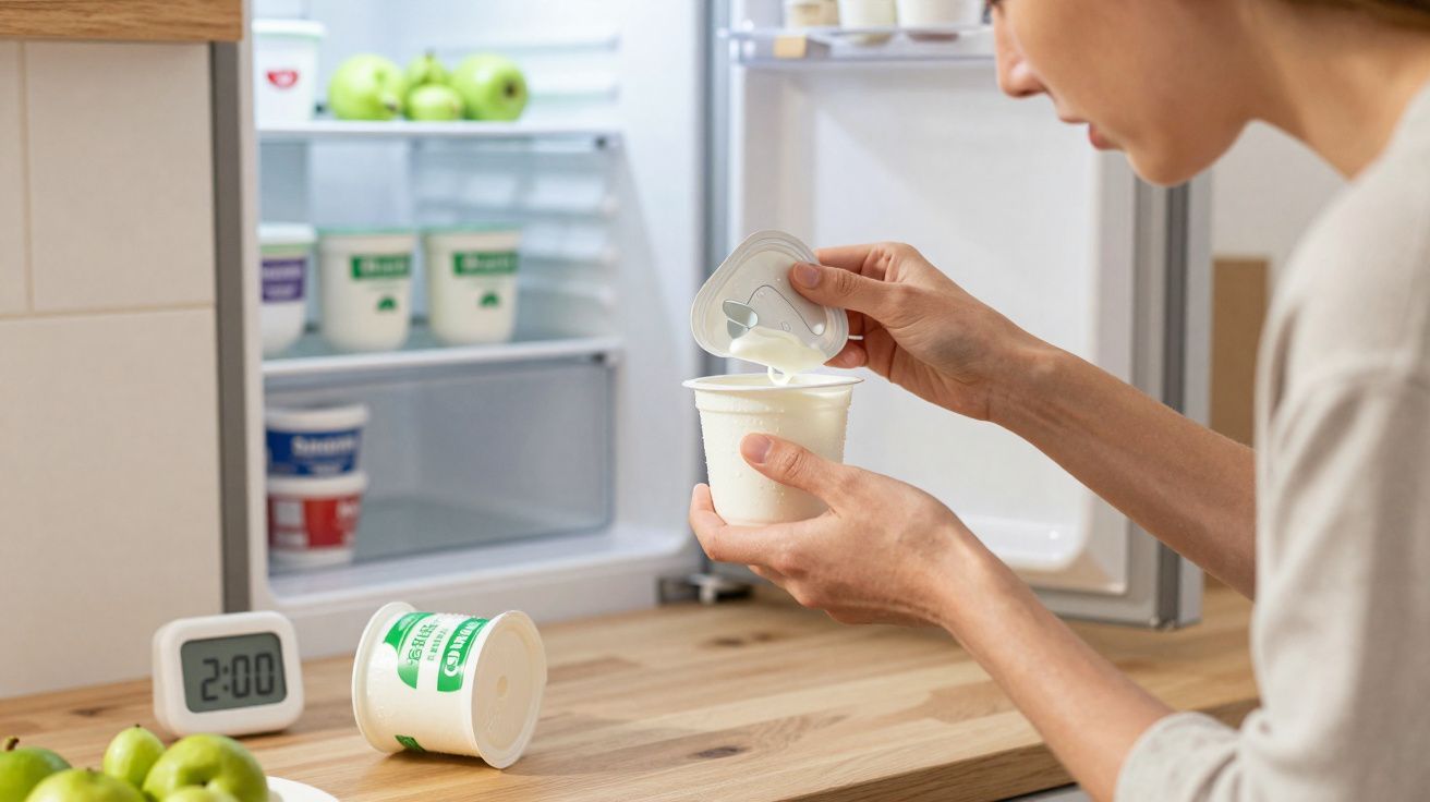 Pessoa abrindo pote de iogurte branco na cozinha com geladeira ao fundo e maçãs verdes na bancada.