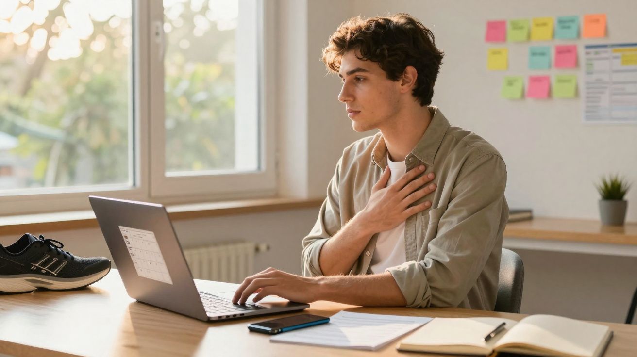 Jovem sentado à mesa usando laptop, com uma mão no peito, em ambiente de estudo ou trabalho.