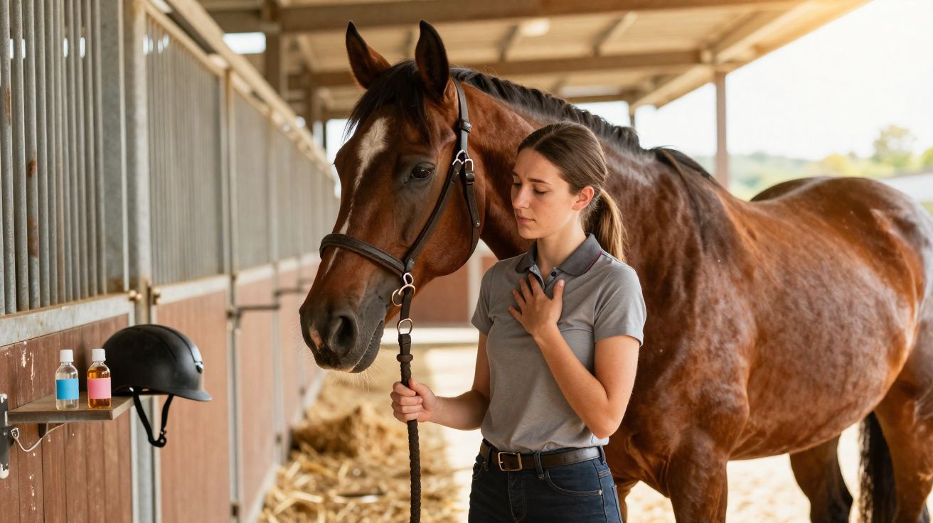 Jovem em estábulo acariciando cavalo castanho com sela enquanto segura a rédea.