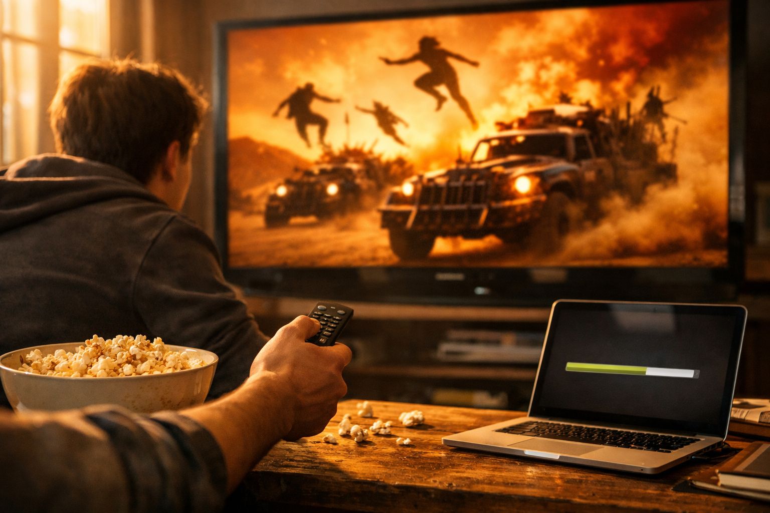 Pessoa com controle remoto e tigela de pipoca assiste ação na TV, laptop com barra de carregamento na mesa.