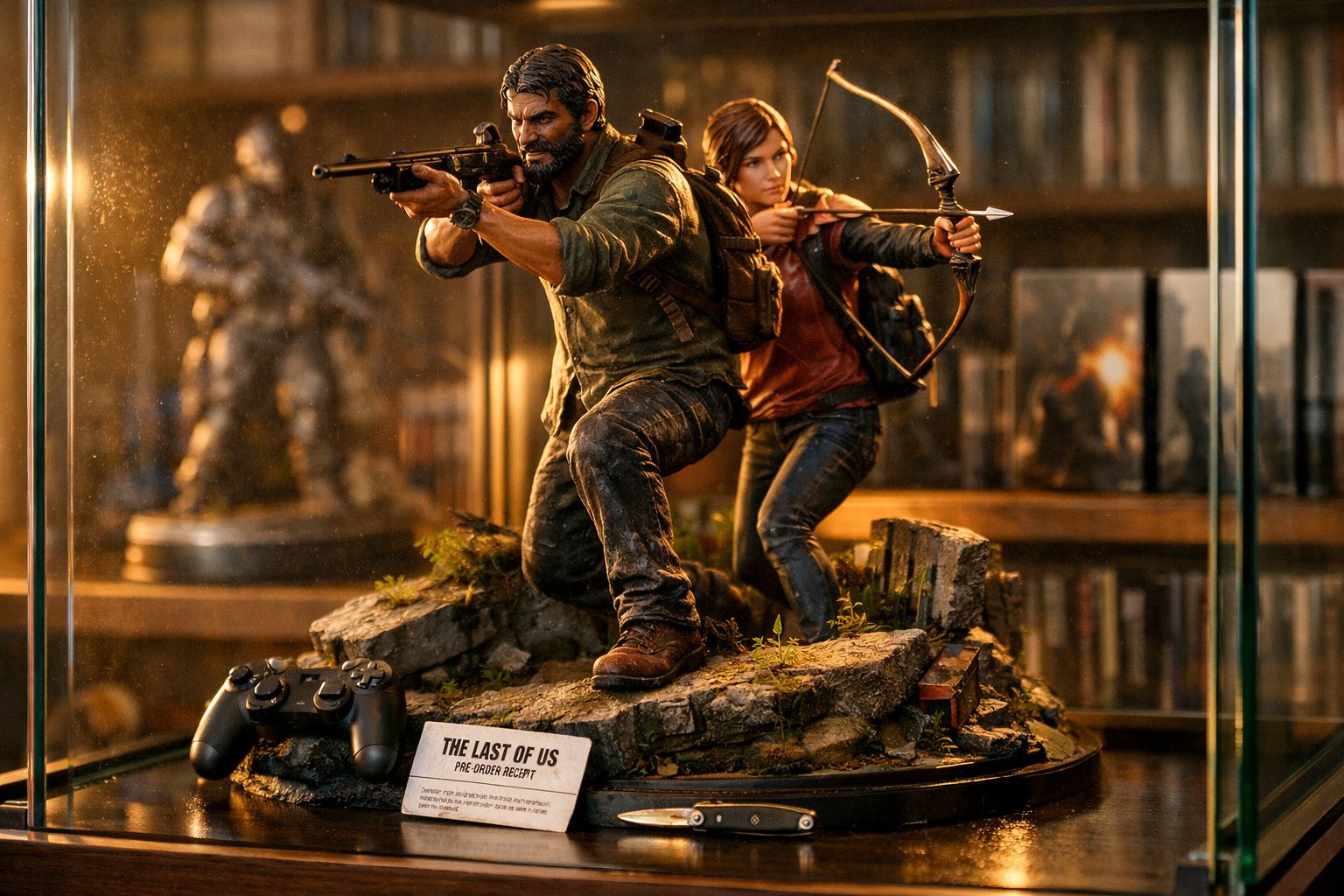 Cena detalhada de estátua dos personagens Joel e Ellie do jogo The Last of Us em pose de combate, com armas.