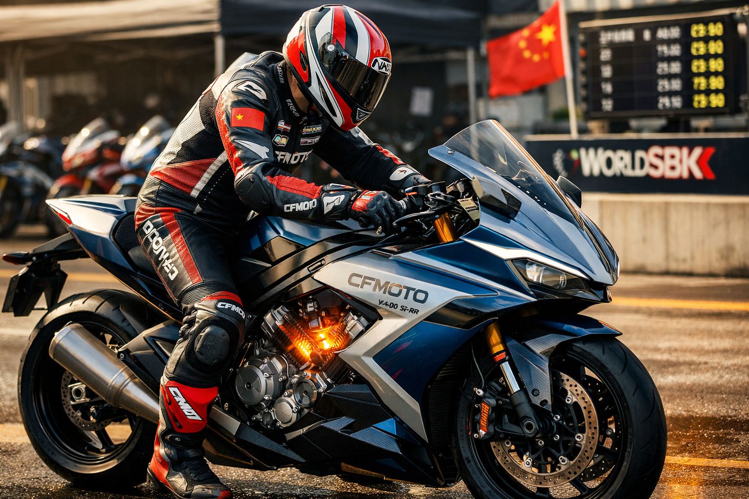 Piloto com capacete vermelho e preto em motocicleta esportiva CFMOTO azul em pista de corrida.