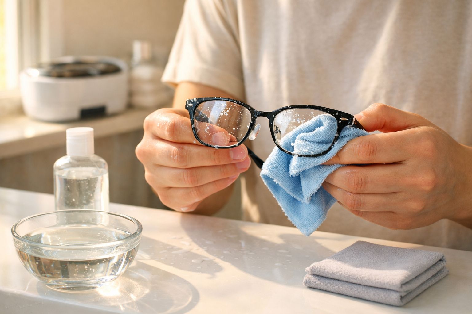 Pessoa limpando óculos com pano azul, com frasco e tigela de água sobre mesa branca.