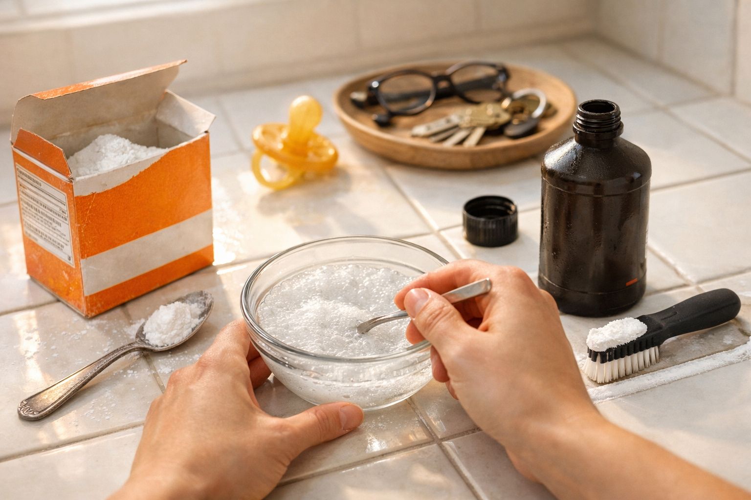 Pessoa mexendo mistura branca em tigela de vidro, com bicarbonato, escova, frasco escuro, chupeta, óculos e chaves ao fundo.
