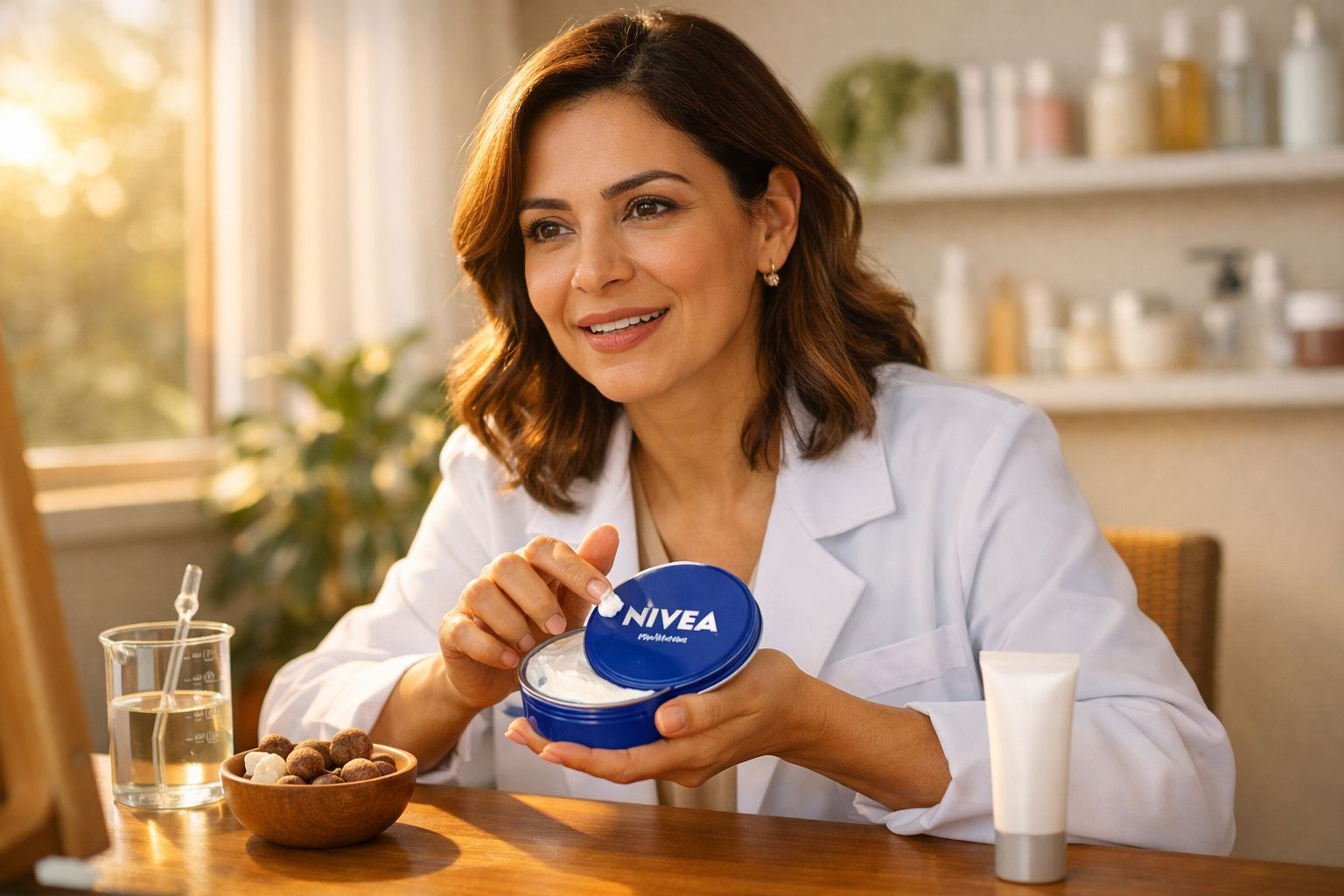 Mulher sorridente com jaleco branco aplicando creme Nivea em ambiente iluminado e acolhedor.