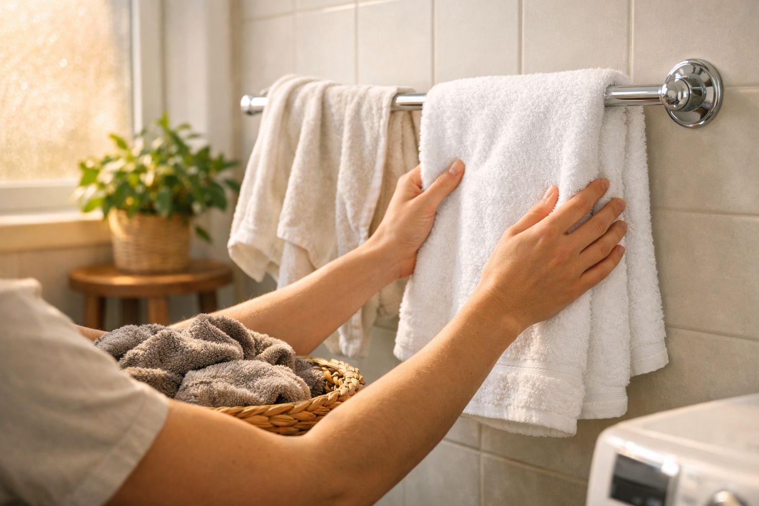 Pessoa pendurando toalhas brancas em varal de banheiro com cesta de toalhas cinza ao lado.