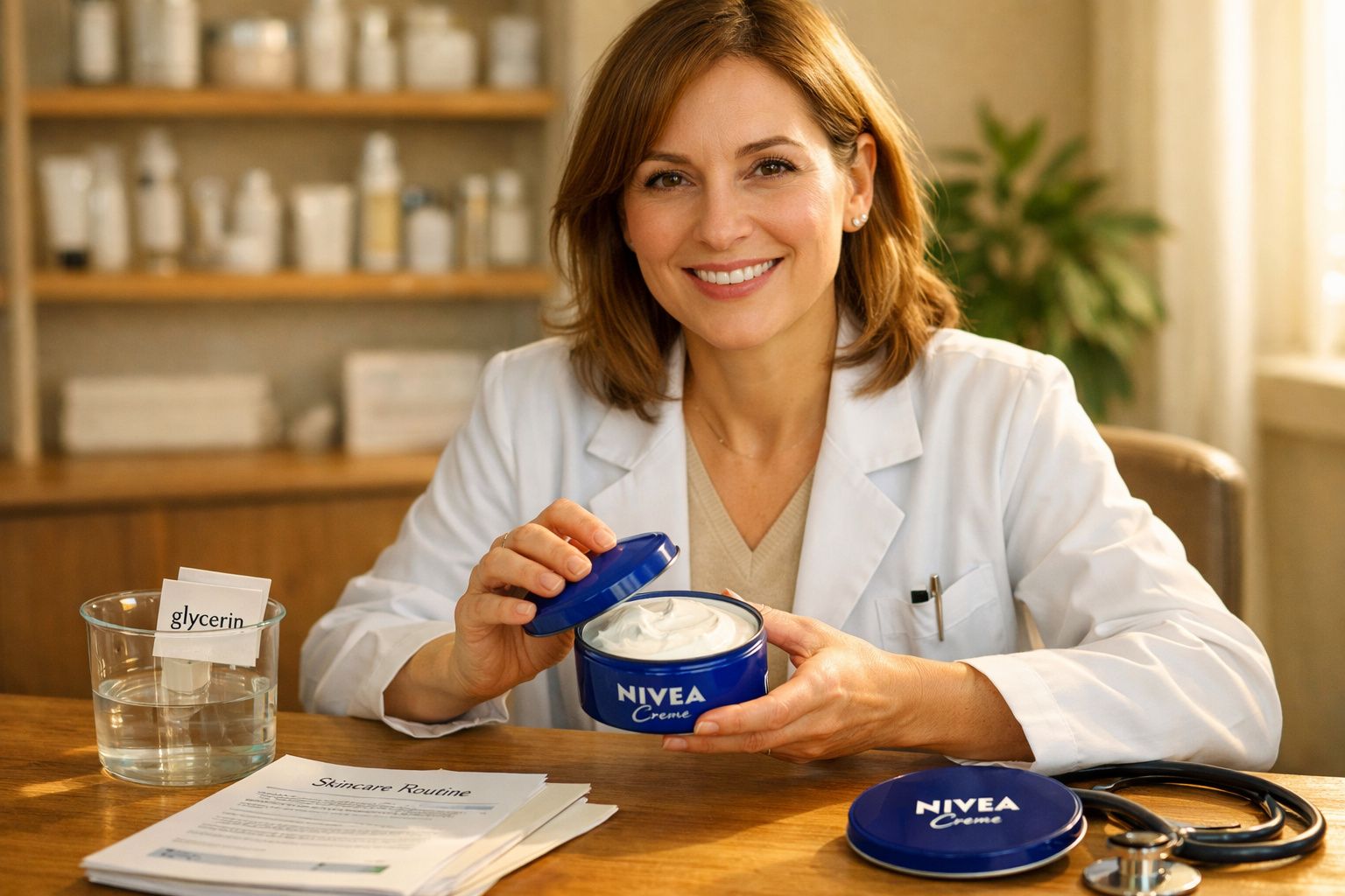 Mulher com jaleco branco sorrindo e segurando pote aberto de creme Nivea em mesa com papéis e copo d'água.