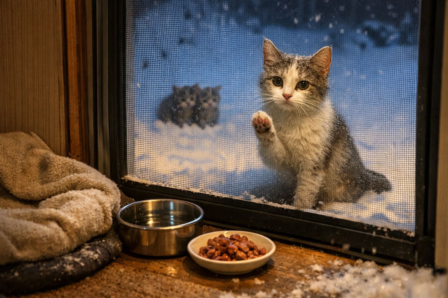 Gato cinza e branco com patas levantadas na janela enquanto vê comida, água e cobertores dentro de casa.