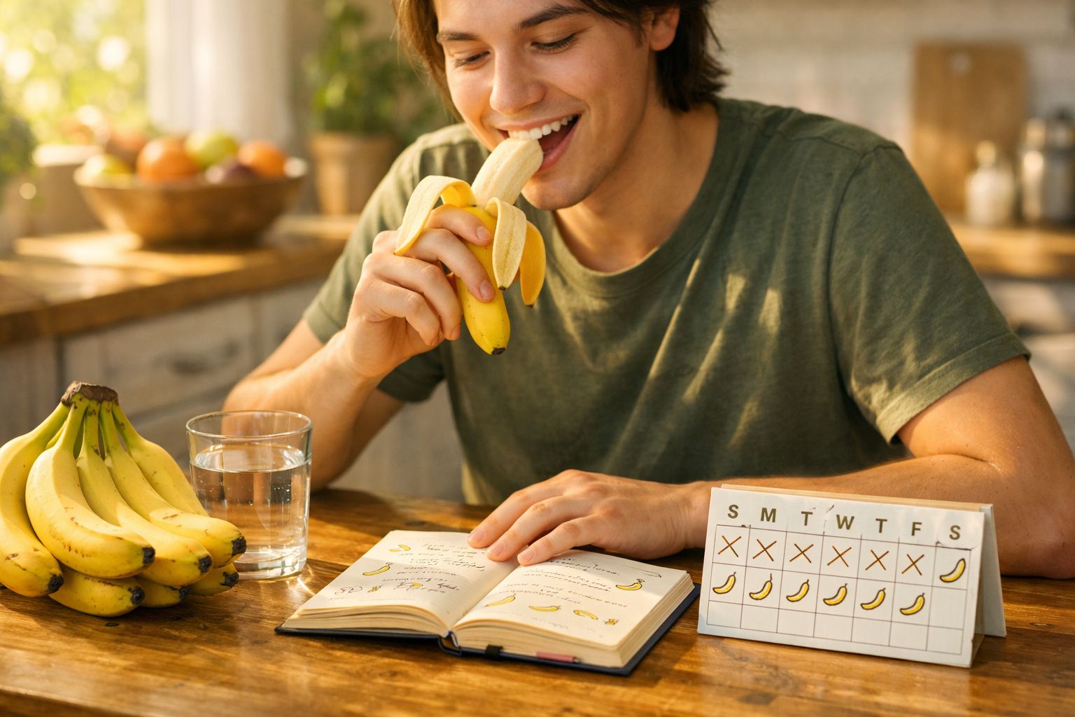 Jovem com camiseta verde comendo banana na cozinha, com caderno e calendário marcando dias com bananas.