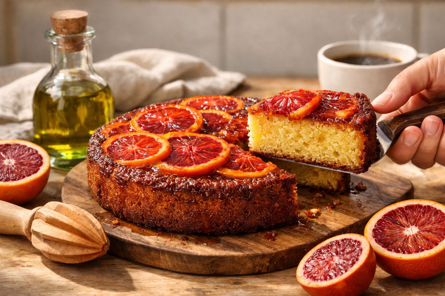 Bolo de laranja decorado com fatias de laranja sanguínea, servido com café em superfície de madeira.