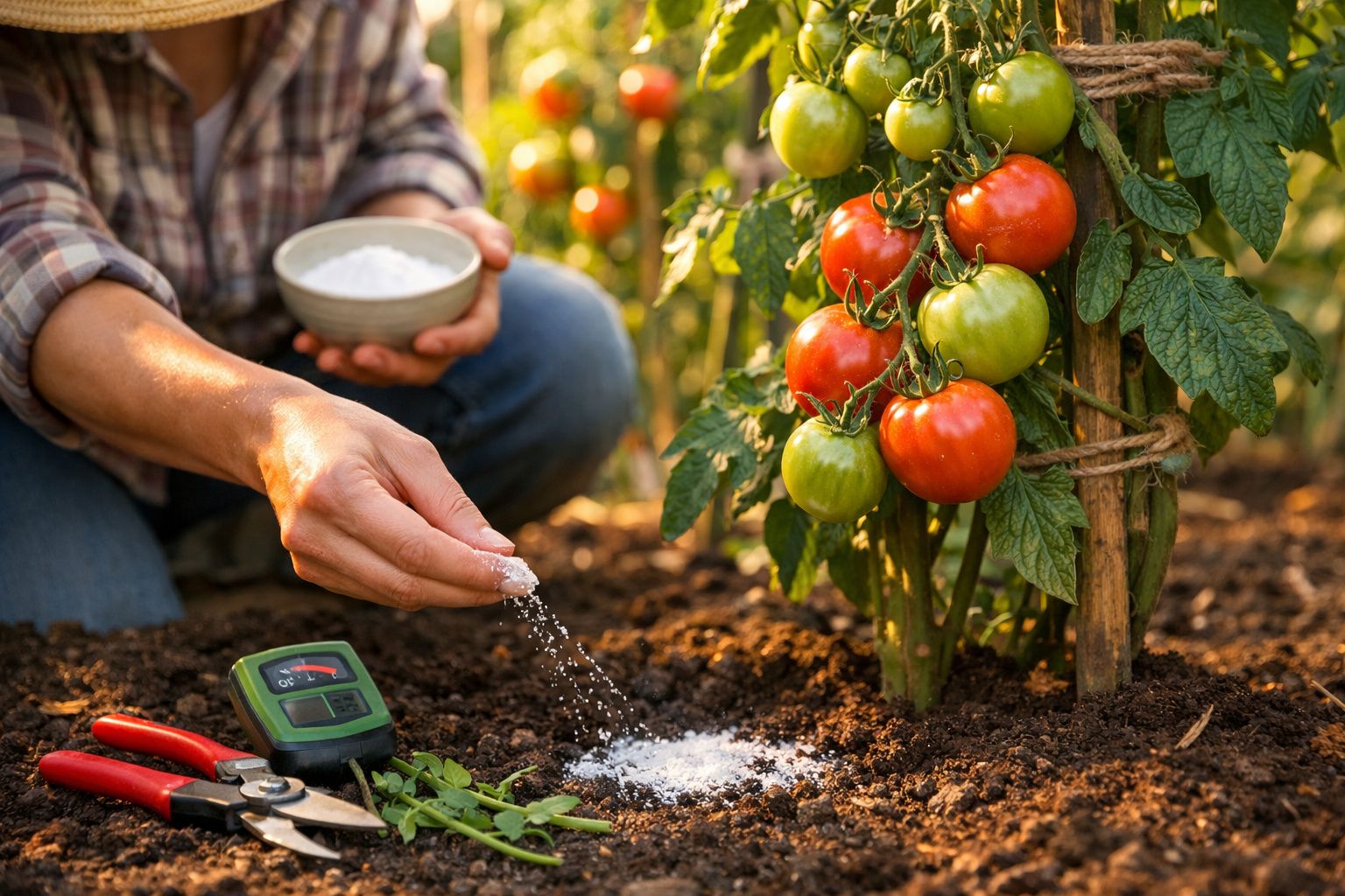 Pessoa aplicando fertilizante em planta de tomate com frutos verdes e maduros em jardim ensolarado.