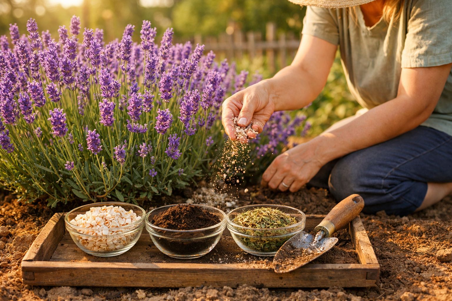 Pessoa semeando sementes próximas a vasos com terra, folhas secas e pá em canteiro com flores roxas.