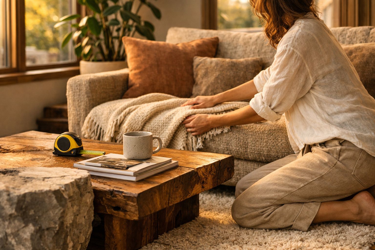 Pessoa ajeitando manta em sofá na sala com mesa de madeira, livros, caneca e trena em ambiente iluminado.