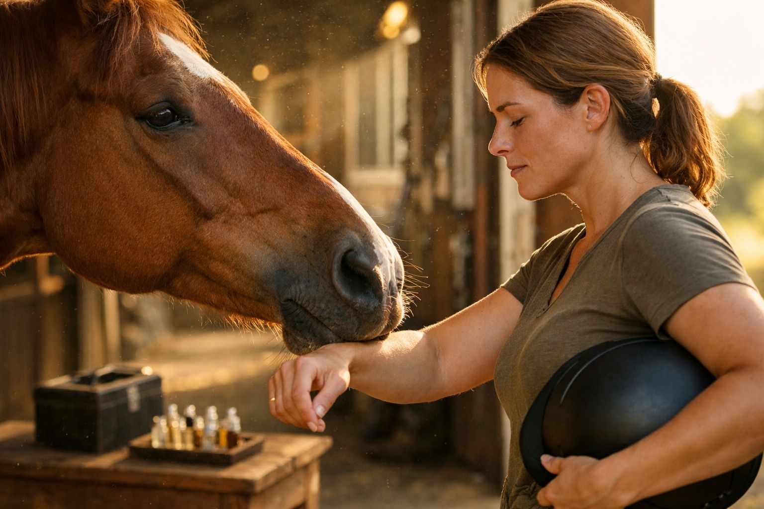 Mulher segurando capacete interage carinhosamente com cavalo em ambiente estábulo ensolarado.