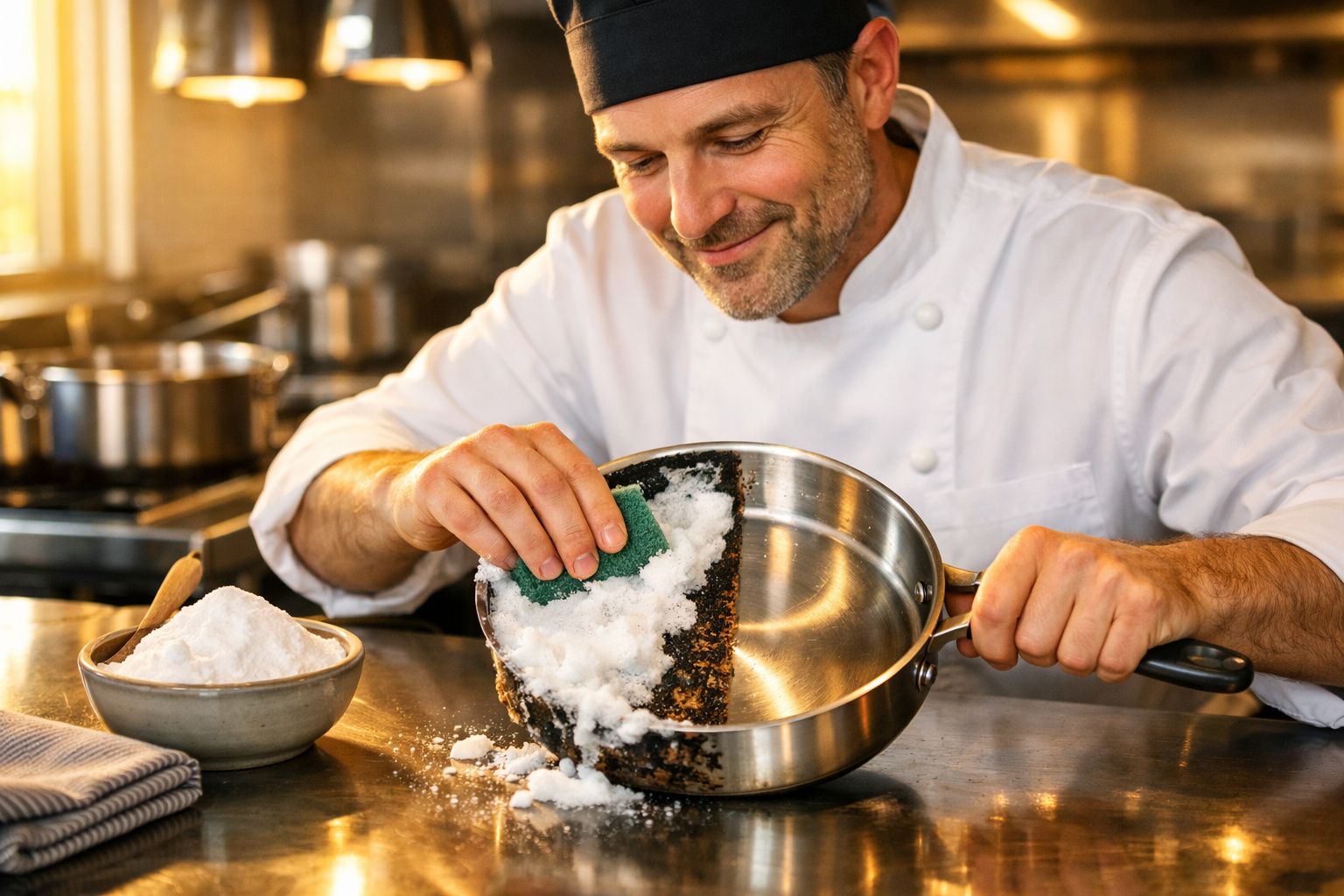 Homem sorridente limpando panela com esponja verde e sal em cozinha profissional.