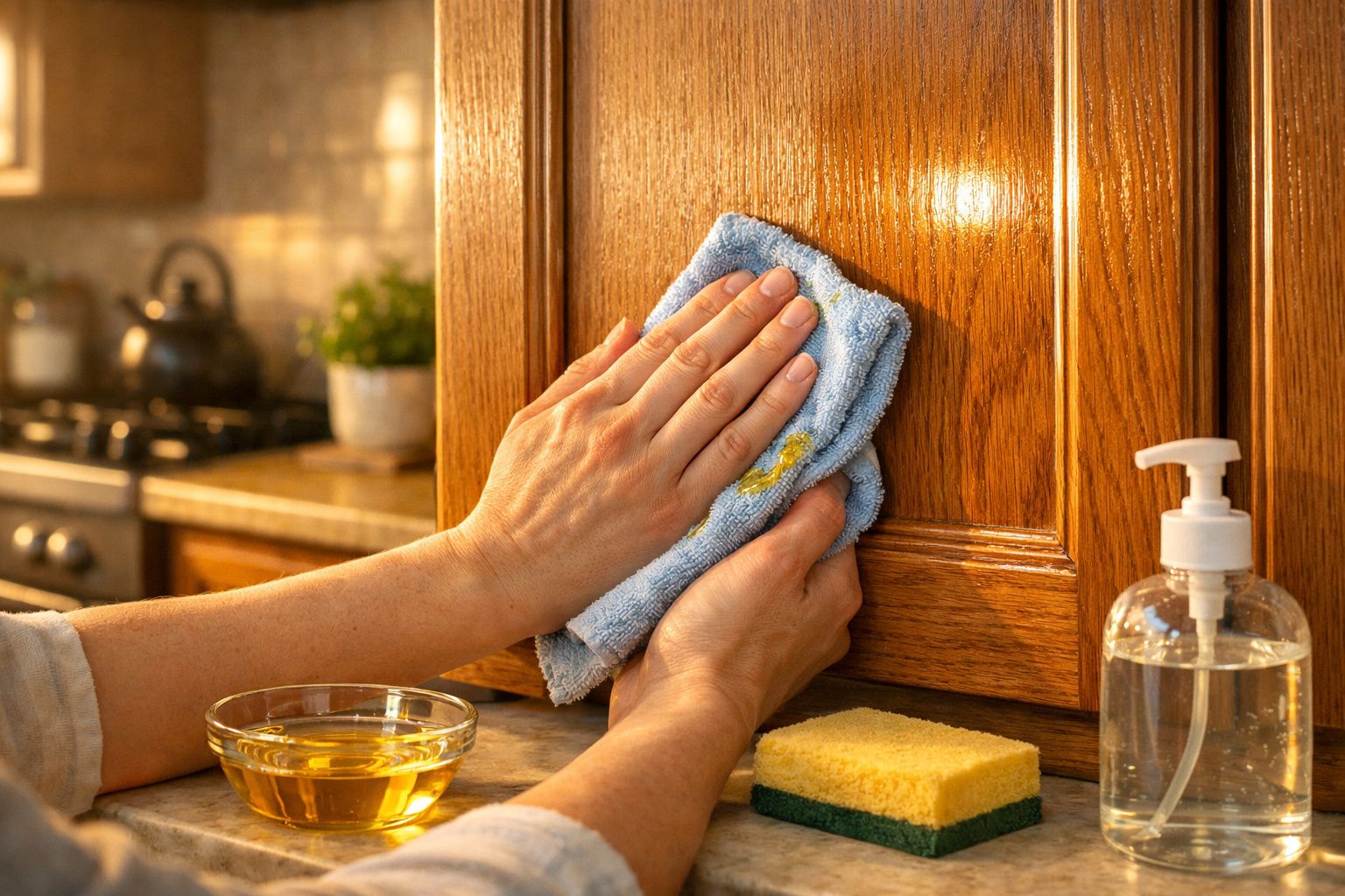 Pessoa limpando armário de madeira na cozinha com pano azul e produtos de limpeza ao redor.