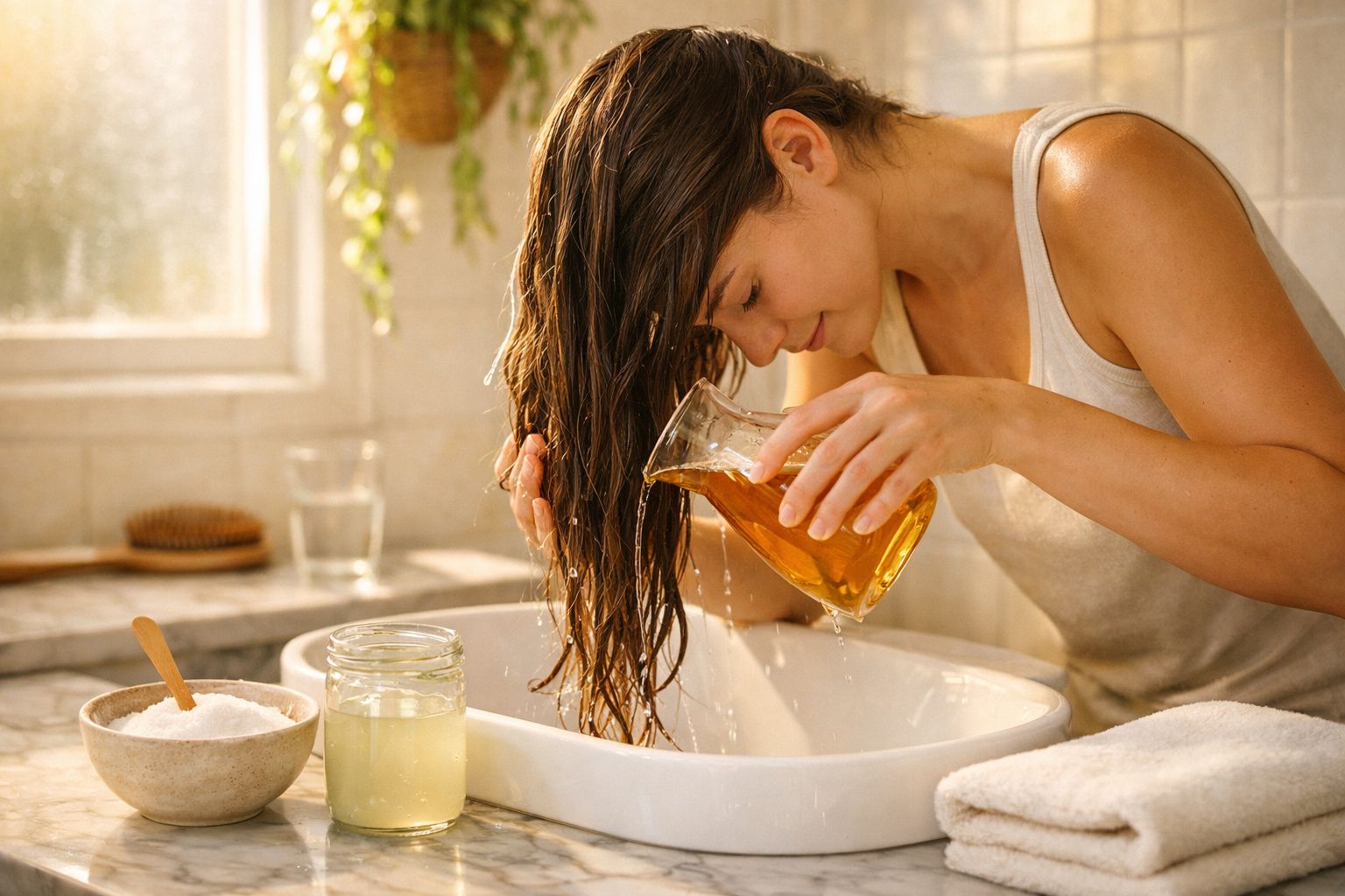Mulher derramando óleo no cabelo sobre pia em banheiro iluminado, com pote e sal ao lado.