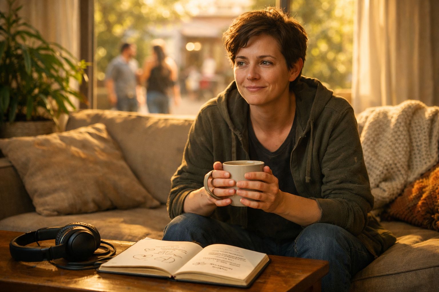 Pessoa sorridente segurando uma caneca, sentada no sofá com um livro aberto e fones de ouvido ao lado.